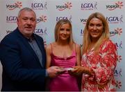 26 March 2022; Caoimhe O’Connor of TU Dublin receives her Yoplait HEC All Star 2022 award from Deirdre Lowry, Brand Manager Yoplait Ireland, and Daniel Caldwell, Chairperson Ladies HEC, at the 2022 Yoplait HEC All Stars evening, at the Croke Park Hotel, Dublin. Photo by Ray McManus/Sportsfile