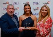 26 March 2022; Aisling Reidy of University of Limerick  receives her Yoplait HEC All Star 2022 award from Deirdre Lowry, Brand Manager Yoplait Ireland, and Daniel Caldwell, Chairperson Ladies HEC, at the 2022 Yoplait HEC All Stars evening, at the Croke Park Hotel, Dublin. Photo by Ray McManus/Sportsfile