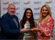 26 March 2022; Erika O’Shea of University of Limerick receives her Yoplait HEC All Star 2022 award from Deirdre Lowry, Brand Manager Yoplait Ireland, and Daniel Caldwell, Chairperson Ladies HEC, at the 2022 Yoplait HEC All Stars evening, at the Croke Park Hotel, Dublin. Photo by Ray McManus/Sportsfile