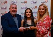 26 March 2022; Aoife Molloy of University of Limerick receives her Yoplait HEC All Star 2022 award from Deirdre Lowry, Brand Manager Yoplait Ireland, and Daniel Caldwell, Chairperson Ladies HEC, at the 2022 Yoplait HEC All Stars evening, at the Croke Park Hotel, Dublin. Photo by Ray McManus/Sportsfile