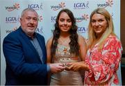 26 March 2022; Kacey Geoghegan of TU Dublin receives her Yoplait Rising Stars 2022 award from Deirdre Lowry, Brand Manager Yoplait Ireland, and Daniel Caldwell, Chairperson Ladies HEC, at the 2022 Yoplait HEC All Stars evening, at the Croke Park Hotel, Dublin. Photo by Ray McManus/Sportsfile