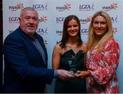 26 March 2022; Julie Trearty of Letterkenny IT receives her Yoplait Rising Stars 2022 award from Deirdre Lowry, Brand Manager Yoplait Ireland, and Daniel Caldwell, Chairperson Ladies HEC, at the 2022 Yoplait HEC All Stars evening, at the Croke Park Hotel, Dublin. Photo by Ray McManus/Sportsfile