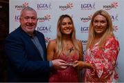 26 March 2022; Ava Looney of MTU Cork receives her Yoplait Rising Stars 2022 award from Deirdre Lowry, Brand Manager Yoplait Ireland, and Daniel Caldwell, Chairperson Ladies HEC, at the 2022 Yoplait HEC All Stars evening, at the Croke Park Hotel, Dublin. Photo by Ray McManus/Sportsfile
