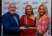 26 March 2022; Sarah Clarke of DCU Dóchas Éireann receives her Yoplait Rising Stars 2022 award from Deirdre Lowry, Brand Manager Yoplait Ireland, and Daniel Caldwell, Chairperson Ladies HEC, at the 2022 Yoplait HEC All Stars evening, at the Croke Park Hotel, Dublin. Photo by Ray McManus/Sportsfile