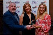 26 March 2022; Grainne McKenna of TUS Midwest receives her Yoplait Rising Stars 2022 award from Deirdre Lowry, Brand Manager Yoplait Ireland, and Daniel Caldwell, Chairperson Ladies HEC, at the 2022 Yoplait HEC All Stars evening, at the Croke Park Hotel, Dublin. Photo by Ray McManus/Sportsfile