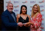 26 March 2022; Fiadhna Tangney of University of Limerick receives her Yoplait HEC All Star 2022 award from Deirdre Lowry, Brand Manager Yoplait Ireland, and Daniel Caldwell, Chairperson Ladies HEC, at the 2022 Yoplait HEC All Stars evening, at the Croke Park Hotel, Dublin. Photo by Ray McManus/Sportsfile