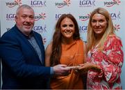 26 March 2022; Sarah Dillon of TUS Midlands, Co Westmeath, receives her Yoplait HEC All Star 2022 award from Deirdre Lowry, Brand Manager Yoplait Ireland, and Daniel Caldwell, Chairperson Ladies HEC, at the 2022 Yoplait HEC All Stars evening, at the Croke Park Hotel, Dublin. Photo by Ray McManus/Sportsfile