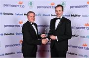 26 March 2022; Dr James O’Donovan, right, is presented with the Deloitte Special Recognition Award for the Summer Games by partner with Deloitte Jamie Schmidt, at the Team Ireland Olympic Ball in the Mansion House, Dublin. The event was held to mark the success of Team Ireland at the 2020 Tokyo Summer Olympic Games and the 2022 Beijing Winter Olympic Games, and acknowledged and recognised the contribution of Team Ireland athletes at both Games as they inspired the nation. Photo by Sam Barnes/Sportsfile