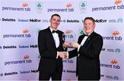 26 March 2022; Snowboarder Seamus O’Connor, left, receives the jointly-awarded Permanent TSB Spirit of the Winter Olympics Award from Permanent TSB chief executive Eamonn Crowley at the Team Ireland Olympic Ball in the Mansion House, Dublin. The event was held to mark the success of Team Ireland at the 2020 Tokyo Summer Olympic Games and the 2022 Beijing Winter Olympic Games, and acknowledged and recognised the contribution of Team Ireland athletes at both Games as they inspired the nation. Photo by Sam Barnes/Sportsfile