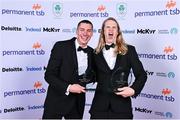 26 March 2022; Snowboarder Seamus O’Connor, left, and freestyle skier Brendan Newby, with their jointly-awarded Permanent TSB Spirit of the Winter Olympics Award at the Team Ireland Olympic Ball in the Mansion House, Dublin. The event was held to mark the success of Team Ireland at the 2020 Tokyo Summer Olympic Games and the 2022 Beijing Winter Olympic Games, and acknowledged and recognised the contribution of Team Ireland athletes at both Games as they inspired the nation. Photo by Sam Barnes/Sportsfile