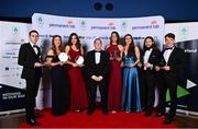 26 March 2022; Olympians from left, Olympic boxing bronze medallist Aidan Walsh, Olympic rowing bronze medallists, Emily Hegarty, Eimear Lambe, Fiona Murtagh and Aifric Keogh, and Olympic rowing gold medallists, Paul O'Donovan and Fintan McCarthy, receive the Indeed Award for Excellence from VP of Scaled Business Success at Indeed Declan Carville, centre, at the Team Ireland Olympic Ball in the Mansion House, Dublin. The event was held to mark the success of Team Ireland at the 2020 Tokyo Summer Olympic Games and the 2022 Beijing Winter Olympic Games, and acknowledged and recognised the contribution of Team Ireland athletes at both Games as they inspired the nation. Photo by Sam Barnes/Sportsfile