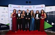 26 March 2022; Olympic boxing bronze medallist Aidan Walsh, centre, and Olympic rowing medallists, from left, Fiona Murtagh, Fintan McCarthy, Emily Hegarty, Aifric Keogh, Paul O'Donovan, and Eimear Lambe with their Indeed Awards for Excellence at the Team Ireland Olympic Ball in the Mansion House, Dublin. The event was held to mark the success of Team Ireland at the 2020 Tokyo Summer Olympic Games and the 2022 Beijing Winter Olympic Games, and acknowledged and recognised the contribution of Team Ireland athletes at both Games as they inspired the nation. Photo by Sam Barnes/Sportsfile