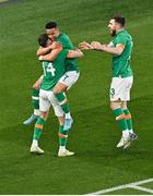 26 March 2022; Alan Browne of Republic of Ireland, left, celebrates with teammate Callum Robinson, centre, and Ryan Manning after scoring their side's second during the international friendly match between Republic of Ireland and Belgium at the Aviva Stadium in Dublin. Photo by Seb Daly/Sportsfile