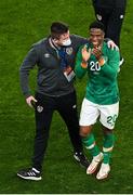 26 March 2022; Kieran Crowley, FAI communications executive, and Chiedozie Ogbene after the international friendly match between Republic of Ireland and Belgium at the Aviva Stadium in Dublin. Photo by Seb Daly/Sportsfile