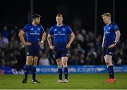 26 March 2022; Leinster players, from left, Ross Byrne, Ciarán Frawley and Jamie Osborne during the United Rugby Championship match between Connacht and Leinster at the Sportsground in Galway. Photo by Harry Murphy/Sportsfile