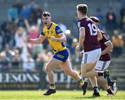 27 March 2022; Cian McKeon of Roscommon celebrates after scoring his side's first goal during the Allianz Football League Division 2 match between Roscommon and Galway at Dr Hyde Park in Roscommon. Photo by David Fitzgerald/Sportsfile