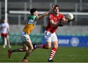 27 March 2022; Ian Maguire of Cork in action against Ruairi McNamee of Offaly during the Allianz Football League Division 2 match between Offaly and Cork at Bord na Mona O'Connor Park in Tullamore, Offaly. Photo by Sam Barnes/Sportsfile