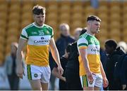 27 March 2022; Cian Donohoe, left, and Cathal Flynn, both of Offaly, dejected after their side's defeat in the Allianz Football League Division 2 match between Offaly and Cork at Bord na Mona O'Connor Park in Tullamore, Offaly. Photo by Sam Barnes/Sportsfile