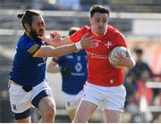 27 March 2022; Tommy Durnin of Louth in action against Nicky Devereux of Wicklow during the Allianz Football League Division 3 match between Wicklow and Louth at County Grounds in Aughrim, Wicklow. Photo by Matt Browne/Sportsfile