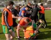27 March 2022; Both sides scuffle after the Allianz Football League Division 1 match between Donegal and Armagh at O'Donnell Park in Letterkenny, Donegal. Photo by Oliver McVeigh/Sportsfile