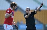 27 March 2022; Referee Niall Cullen shows a black card to Ian Maguire of Cork during the Allianz Football League Division 2 match between Offaly and Cork at Bord na Mona O'Connor Park in Tullamore, Offaly. Photo by Sam Barnes/Sportsfile