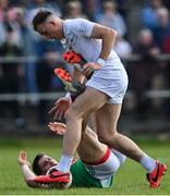 27 March 2022; Brian McLoughlin of Kildare in action against Lee Keegan of Mayo during the Allianz Football League Division 1 match between Mayo and Kildare at Avant Money Páirc Seán Mac Diarmada in Carrick-on-Shannon, Leitrim. Photo by Piaras Ó Mídheach/Sportsfile