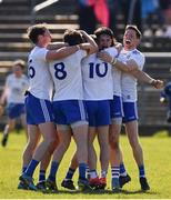 27 March 2022; Monaghan players celebrate at the final whistle during the Allianz Football League Division 1 match between Monaghan and Dublin at St Tiernach's Park in Clones, Monaghan. Photo by Ray McManus/Sportsfile