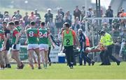 27 March 2022; Brendan Harrison of Mayo is taken off the pitch by medics during the Allianz Football League Division 1 match between Mayo and Kildare at Avant Money Páirc Seán Mac Diarmada in Carrick-on-Shannon, Leitrim. Photo by Piaras Ó Mídheach/Sportsfile