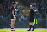 27 March 2022; Referee David Coldrick signals for a penalty to Kerry as Tyrone goalkeeper Niall Morgan protests during the Allianz Football League Division 1 match between Kerry and Tyrone at Fitzgerald Stadium in Killarney, Kerry. Photo by Brendan Moran/Sportsfile
