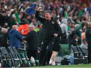 26 March 2022; Republic of Ireland manager Stephen Kenny celebrates his side's second goal, scored by Alan Browne, during the international friendly match between Republic of Ireland and Belgium at the Aviva Stadium in Dublin. Photo by Michael P Ryan/Sportsfile