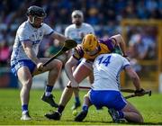 27 March 2022; Simon Donohue of Wexford in action against Colin Dunford, left, and Michael Kiely of Waterford during the Allianz Hurling League Division 1 Semi-Final match between Wexford and Waterford at UPMC Nowlan Park in Kilkenny. Photo by Daire Brennan/Sportsfile