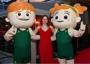 26 March 2022; Team Ireland mascots Dáithí and Deirbhile with Olympian Tanya Watson at the Team Ireland Olympic Ball in the Mansion House, Dublin. The event was held to mark the success of Team Ireland at the 2020 Tokyo Summer Olympic Games and the 2022 Beijing Winter Olympic Games, and acknowledged and recognised the contribution of Team Ireland athletes at both Games as they inspired the nation. Photo by Sam Barnes/Sportsfile