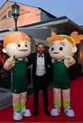 26 March 2022; Team Ireland mascots Dáithí and Deirbhile greet Olympian Kenneth Egan at the Team Ireland Olympic Ball in the Mansion House, Dublin. The event was held to mark the success of Team Ireland at the 2020 Tokyo Summer Olympic Games and the 2022 Beijing Winter Olympic Games, and acknowledged and recognised the contribution of Team Ireland athletes at both Games as they inspired the nation. Photo by Sam Barnes/Sportsfile