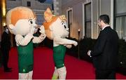 26 March 2022; Team Ireland mascots Dáithí and Deirbhile greet Olympian Kenneth Egan at the Team Ireland Olympic Ball in the Mansion House, Dublin. The event was held to mark the success of Team Ireland at the 2020 Tokyo Summer Olympic Games and the 2022 Beijing Winter Olympic Games, and acknowledged and recognised the contribution of Team Ireland athletes at both Games as they inspired the nation. Photo by Sam Barnes/Sportsfile