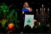 26 March 2022; Olympic Federation of Ireland president Sarah Keane speaking at the Team Ireland Olympic Ball in the Mansion House, Dublin. The event was held to mark the success of Team Ireland at the 2020 Tokyo Summer Olympic Games and the 2022 Beijing Winter Olympic Games, and acknowledged and recognised the contribution of Team Ireland athletes at both Games as they inspired the nation. Photo by Brendan Moran/Sportsfile