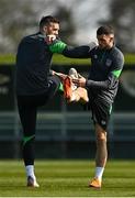 28 March 2022; Shane Duffy, left, and Troy Parrott during a Republic of Ireland training session at FAI National Training Centre in Dublin. Photo by Eóin Noonan/Sportsfile