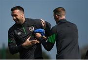 28 March 2022; Shane Duffy, left, and James McClean during a Republic of Ireland training session at FAI National Training Centre in Dublin. Photo by Eóin Noonan/Sportsfile