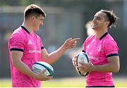 28 March 2022; James Lowe, right, and Dan Sheehan during a Leinster Rugby squad training session at UCD in Dublin. Photo by Harry Murphy/Sportsfile