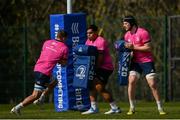 28 March 2022; Leinster players, from left, Scott Penny, Michael Ala'alatoa and Jack Dunne during a Leinster Rugby squad training session at UCD in Dublin. Photo by Harry Murphy/Sportsfile