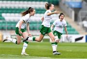 29 March 2022; Abbie Larkin of Republic of Ireland celebrates with teammates after scoring their side's first goal during the UEFA Women's U17's Round 2 Qualifier match between Republic of Ireland and Iceland at Tallaght Stadium in Dublin. Photo by Ben McShane/Sportsfile