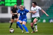 29 March 2022; Margrét Brynja Kristinsdóttir of Iceland in action against Michaela Lawrence of Republic of Ireland during the UEFA Women's U17's Round 2 Qualifier match between Republic of Ireland and Iceland at Tallaght Stadium in Dublin. Photo by Ben McShane/Sportsfile