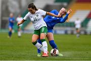 29 March 2022; Lia O'Leary of Republic of Ireland in action against Sigríður Theódóra Guðmundsdóttir of Iceland during the UEFA Women's U17's Round 2 Qualifier match between Republic of Ireland and Iceland at Tallaght Stadium in Dublin. Photo by Ben McShane/Sportsfile