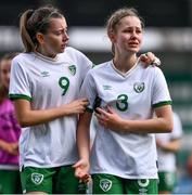 29 March 2022; Orlaith O'Mahony, right, is consoled by Republic of Ireland teammate Abbie Larkin after their side's defeat in the UEFA Women's U17's Round 2 Qualifier match between Republic of Ireland and Iceland at Tallaght Stadium in Dublin. Photo by Ben McShane/Sportsfile