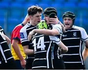 29 March 2022; Billy Hayes of Cistercian College, Roscrea, centre, is congratulated by team mates after he scored their side's first try during the Bank of Ireland Leinster Rugby Schools Junior Cup Semi-Final match between Cistercian College, Roscrea, Tipperary and St Fintan’s High School, Dublin at Energia Park in Dublin. Photo by David Fitzgerald/Sportsfile