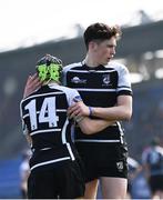 29 March 2022; Fionn Higgins of Cistercian College, Roscrea, left, is congratulated by team mate Sam Cusack after he scored their side's third try during the Bank of Ireland Leinster Rugby Schools Junior Cup Semi-Final match between Cistercian College, Roscrea, Tipperary and St Fintan’s High School, Dublin at Energia Park in Dublin. Photo by David Fitzgerald/Sportsfile
