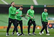 29 March 2022; Republic of Ireland players, from left, Shane Duffy, Alan Browne, James McClean and Josh Cullen before the international friendly match between Republic of Ireland and Lithuania at the Aviva Stadium in Dublin. Photo by Ben McShane/Sportsfile