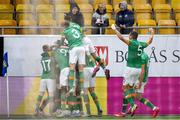 29 March 2022; Republic of Ireland players celebrate after Tyreik Wright scored their side's second goal during the UEFA European U21 Championship Qualifier match between Republic of Ireland and Sweden at Borås Arena in Sweden. Photo by Jörgen Jarnberger/Sportsfile