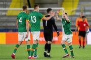 29 March 2022; Ross Tierney of Republic of Ireland celebrates with teammates Jake O'Brien, 13, and Mark McGuinness after the UEFA European U21 Championship Qualifier match between Republic of Ireland and Sweden at Borås Arena in Sweden. Photo by Mathias Bergeld/Sportsfile