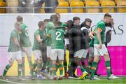29 March 2022; Republic of Ireland players celebrate after Tyreik Wright scored their side's second goal during the UEFA European U21 Championship Qualifier match between Republic of Ireland and Sweden at Borås Arena in Sweden. Photo by Jörgen Jarnberger/Sportsfile