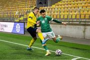 29 March 2022; Tyreik Wright of Republic of Ireland in action against Emil Holm of Sweden during the UEFA European U21 Championship Qualifier match between Republic of Ireland and Sweden at Borås Arena in Sweden. Photo by Jörgen Jarnberger/Sportsfile